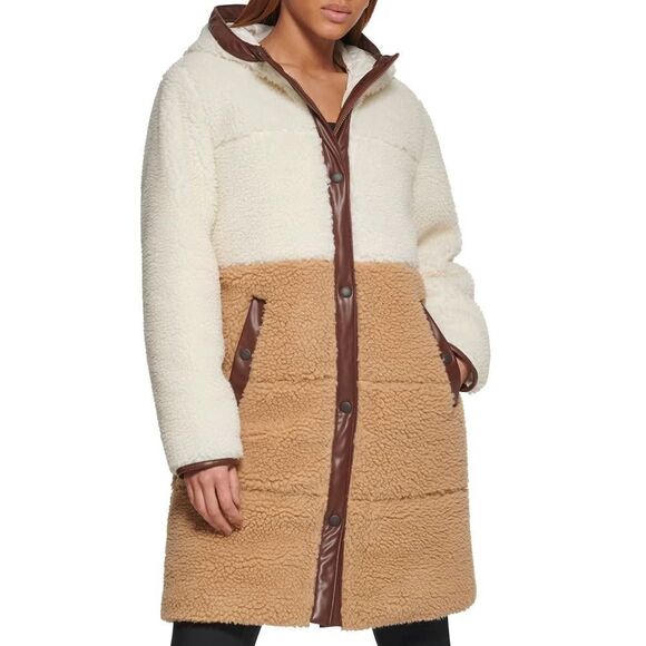 Levi's Women's Full Length Sherpa Quilted Parka Jacket X-Large Cream/Brown Colo - Picture 1 of 15